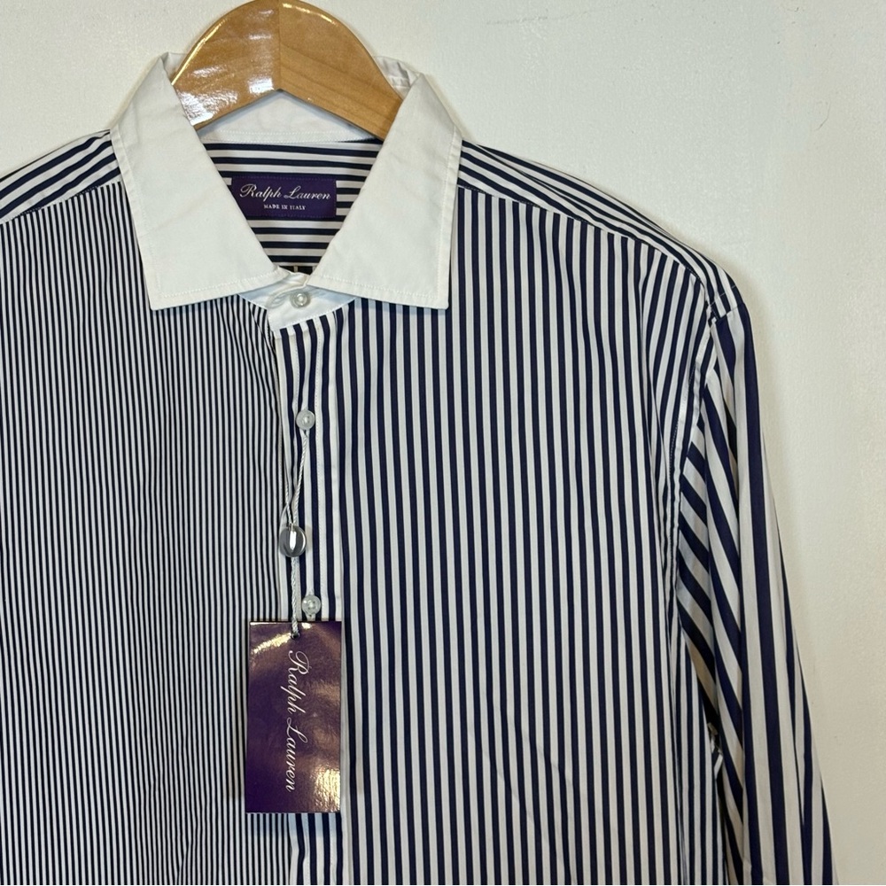 Purple Tag Ralph Lauren Men's Navy & White Striped Dress Shirt made in Italy